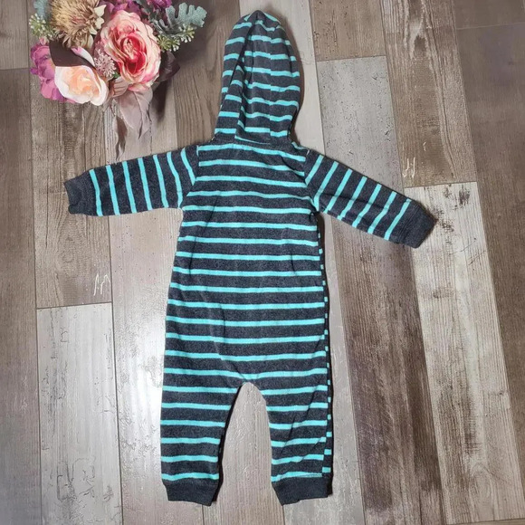 Just One You by Carter's Elephant Striped Fleece Hooded Bodysuit Gray Blue Sz 9M - Picture 2 of 11